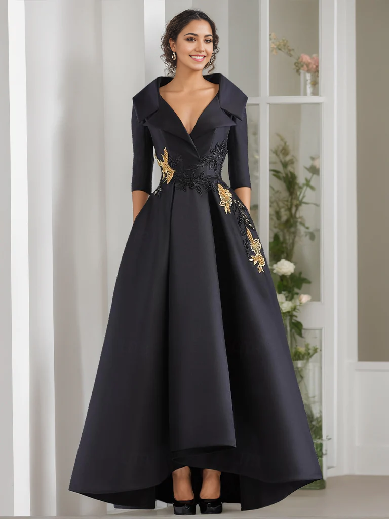 Vestidos de madre de la novia con corte A, princesa, escote en V, abalorios, mangas largas, largo hasta el suelo, con apliques